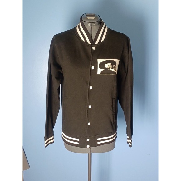 Vintage Goth Black Small Jacket Skull "Deaths Guiding Light" White Stripe - Picture 4 of 16